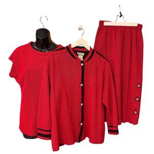 Vtg Amy Jess Terry Cloth Vibrant Red Black 3 Piece Suit Set Women's size S